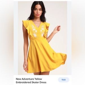 Lulus New Adventure Yellow Gold Embroidered Skater Mini Dress Large L